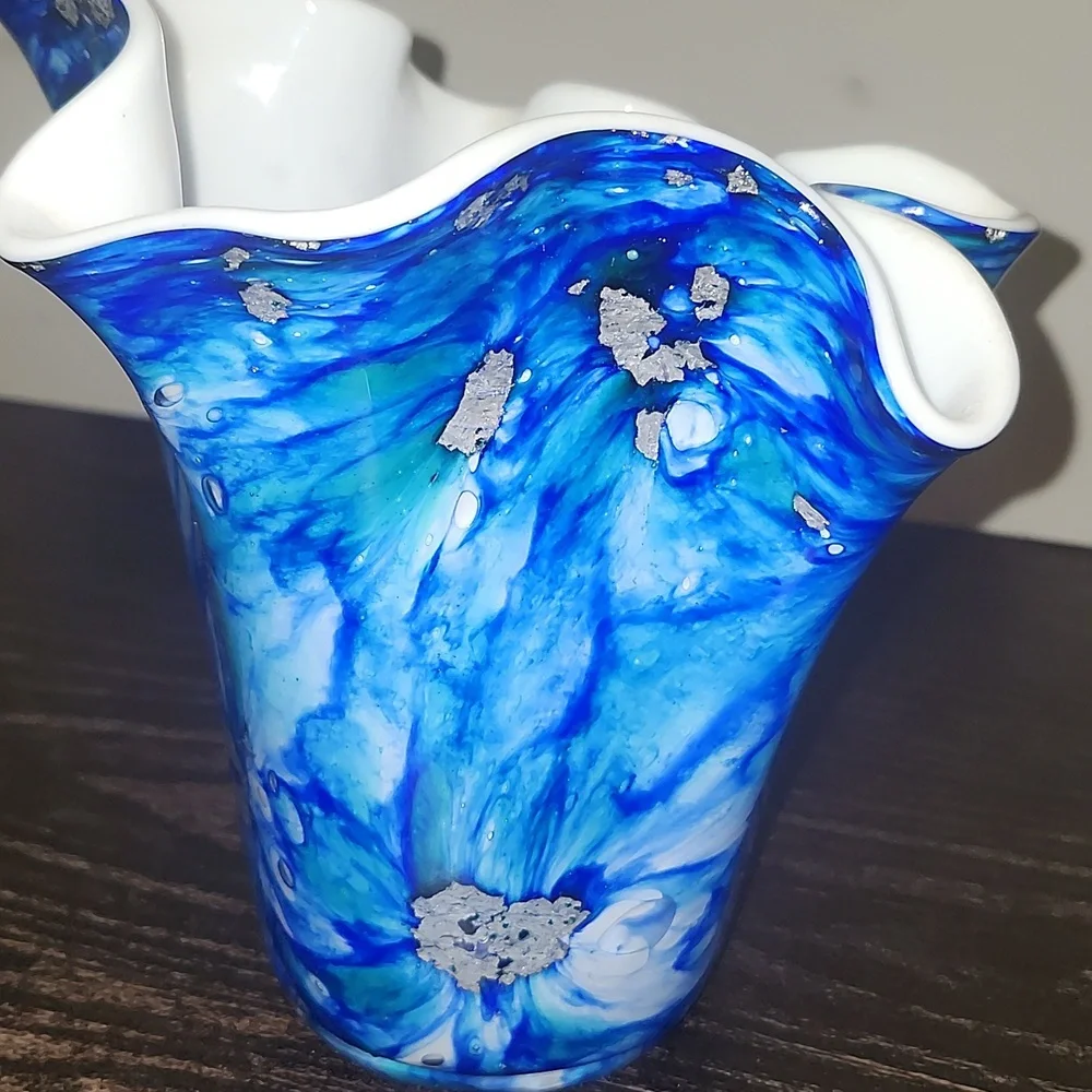 Alicja Poland Fluted Art Glass Handkerchief Vase Blue Silver